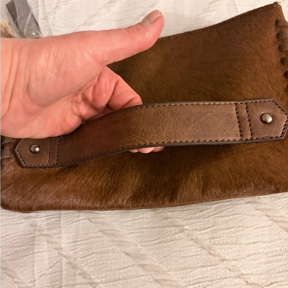 Tony Lama Brown Leather calf hair fringe western clutch purse NWT - Picture 4 of 8